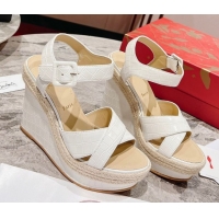 Luxury Christian Louboutin Malfadina Zeppa Wedge Sandals 12cm in Embossed Leather White 0604133