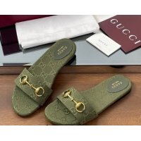 Top Grade Gucci GG Canvas Flat Slides Sandal with Horsebit Dark Green 0609075