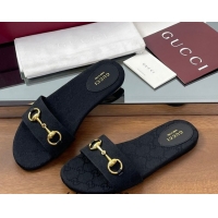 Shop Duplicate Gucci GG Canvas Flat Slides Sandal with Horsebit Black 0609078