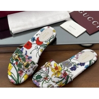 Charming Gucci GG Canvas Flat Slides Sandal with Horsebit and Floral Print White/Multicolored 0609073
