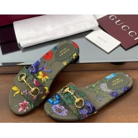 Popular Style Gucci GG Canvas Flat Slides Sandal with Horsebit and Floral Print Green/Multicolored 0609074