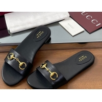 Good Product Gucci Calf Leather Flat Slides Sandal with Horsebit Black 0609079