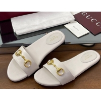 Top Grade Gucci Calf Leather Flat Slides Sandal with Horsebit White 0609080