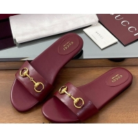 Pretty Style Gucci Calf Leather Flat Slides Sandal with Horsebit Red 0609081