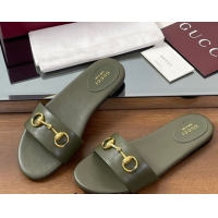 Good Product Gucci Calf Leather Flat Slides Sandal with Horsebit Green 0609082