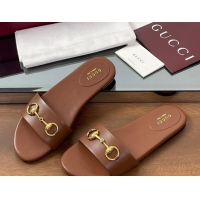 Good Quality Gucci Calf Leather Flat Slides Sandal with Horsebit Brown 0609083