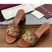 Popular Style Gucci Heel Slides Sandal 5.5cm in GG Canvas and Lambskin with Horsebit Brown 0609084