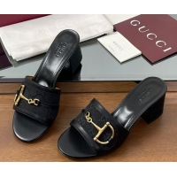Shop Duplicate Gucci Heel Slides Sandal 5.5cm in GG Canvas and Lambskin with Horsebit Black 0609086