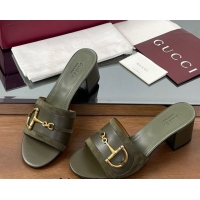 Charming Gucci Heel Slides Sandal 5.5cm in Suede Trim and Lambskin with Horsebit Green 0609090