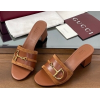 Luxury Cheap Gucci Heel Slides Sandal 5.5cm in Suede Trim and Lambskin with Horsebit Brown 0609091