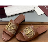 Luxury Gucci Flat Slides Sandal in GG Canvas and Lambskin with Horsebit Brown 0609092