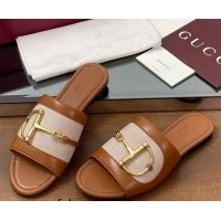 Grade Gucci Flat Slides Sandal in Canvas and Lambskin with Horsebit Beige/Brown 0609093