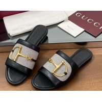 Hot Style Gucci Flat Slides Sandal in Canvas and Lambskin with Horsebit Grey/Black 0609094