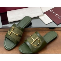 Top Design Gucci Flat Slides Sandal in GG Canvas and Lambskin with Horsebit Green 0609095