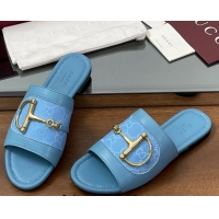 Big Discount Gucci Flat Slides Sandal in GG Canvas and Lambskin with Horsebit Light Blue 0609097