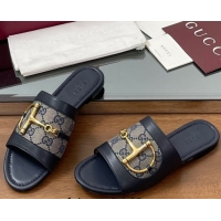 Most Popular Gucci Flat Slides Sandal in GG Canvas and Lambskin with Horsebit Dark Blue 0609098