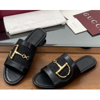 Luxurious Gucci Flat Slides Sandal in GG Canvas and Lambskin with Horsebit Black 0609099