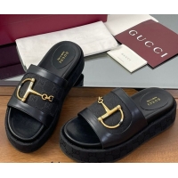 Big Discount Gucci Platform Slides Sandal 5.5cm in GG Canvas and Lambskin with Horsebit Black 0609101