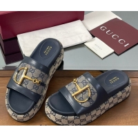 Cheap Price Gucci Platform Slides Sandal 5.5cm in GG Canvas and Lambskin with Horsebit Dark Blue 0609102