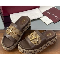 Durable Gucci Platform Slides Sandal 5.5cm in GG Canvas and Lambskin with Horsebit Dark Brown 0609103