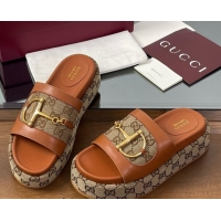 Grade Quality Gucci Platform Slides Sandal 5.5cm in GG Canvas and Lambskin with Horsebit Tan Brown 0609104