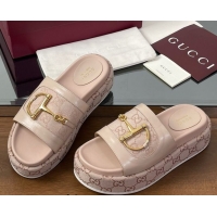 Low Price Gucci Platform Slides Sandal 5.5cm in GG Canvas and Lambskin with Horsebit Nude Pink 0609105