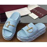 Best Grade Gucci Platform Slides Sandal 5.5cm in GG Canvas and Lambskin with Horsebit Light Blue 0609106