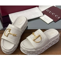 Best Price Gucci Platform Slides Sandal 5.5cm in GG Canvas and Lambskin with Horsebit White 0609107