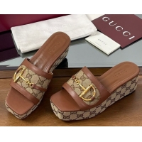 Purchase Gucci Wedge Slides Sandal 6.3cm in GG Canvas and Lambskin with Horsebit Brown 0609108