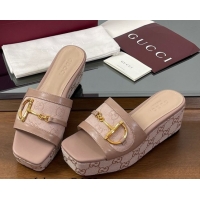 Good Quality Gucci Wedge Slides Sandal 6.3cm in GG Canvas and Lambskin with Horsebit Nude Pink 0609109