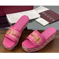 Sumptuous Gucci Wedge Slides Sandal 6.3cm in GG Canvas and Lambskin with Horsebit Dark Pink 0609110