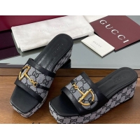 Stylish Gucci Wedge Slides Sandal 6.3cm in GG Canvas and Lambskin with Horsebit Black 0609111
