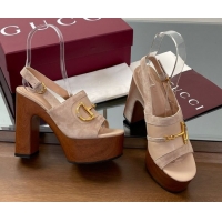 Unique Discount Gucci Platform Heel Sandals 13cm in Suede and Leather with Horsebit Beige 0609112