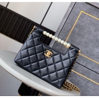 Good Quality Chanel Shiny Lambskin Small Shopping bag with Pearls AS5413 Black 2025