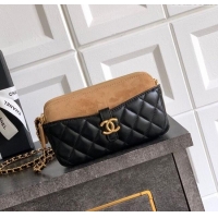 Promotional Chanel Suede & Shiny Lambskin Zipped Phone Holder with Chain AP4743 Black/Beige 2025