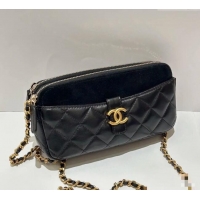 Buy Fashionable Chanel Suede & Shiny Lambskin Zipped Phone Holder with Chain AP4743 Black 2025