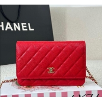 Famous Brand Chanel Grained Calfskin Classic Wallet on Chain WOC AP4241 Red/Gold 2025