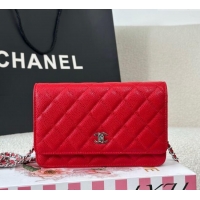 Good Taste Chanel Grained Calfskin Classic Wallet on Chain WOC AP4241 Red/Silver 2025