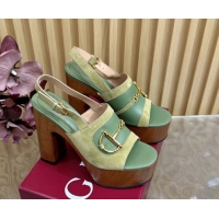Unique Style Gucci Platform Heel Sandals 13cm in Suede and Leather with Horsebit Green 0609118