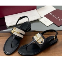 Stylish Gucci Flat Thong Sandals in Canvas and Leather with Horsebit Black 0609121