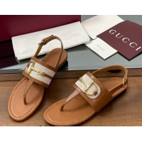 Best Product Gucci Flat Thong Sandals in Canvas and Leather with Horsebit Light Brown 0609122