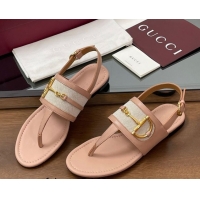 Good Quality Gucci Flat Thong Sandals in Canvas and Leather with Horsebit Light Pink 0609123