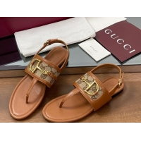 Sumptuous Gucci Flat Thong Sandals in GG Canvas and Leather with Horsebit Brown 0609128