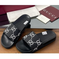 Luxury Cheap Gucci GG Rubber Flat Slides Sandal Black/White 0609130