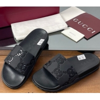 Luxury Gucci GG Rubber Flat Slides Sandal Black 0609131