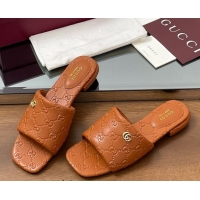 Luxury Gucci Flat Slides Sandal in GG Calf Leather Brown 0609137