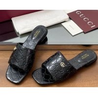 Best Grade Gucci Flat Slides Sandal in Shiny GG Leather Black 0609139