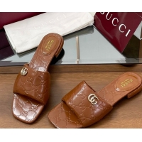 Perfect Gucci Flat Slides Sandal in Shiny GG Leather Brown 0609142
