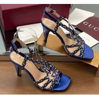 Purchase Gucci Isa Leather Heel Sandals 9cm with Crystal Interlocking G Gold/Blue 5070414