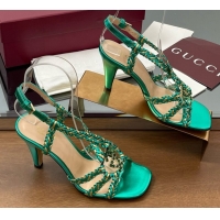 Best Price Gucci Isa Leather Heel Sandals 9cm with Crystal Interlocking G Gold/Green 5070415